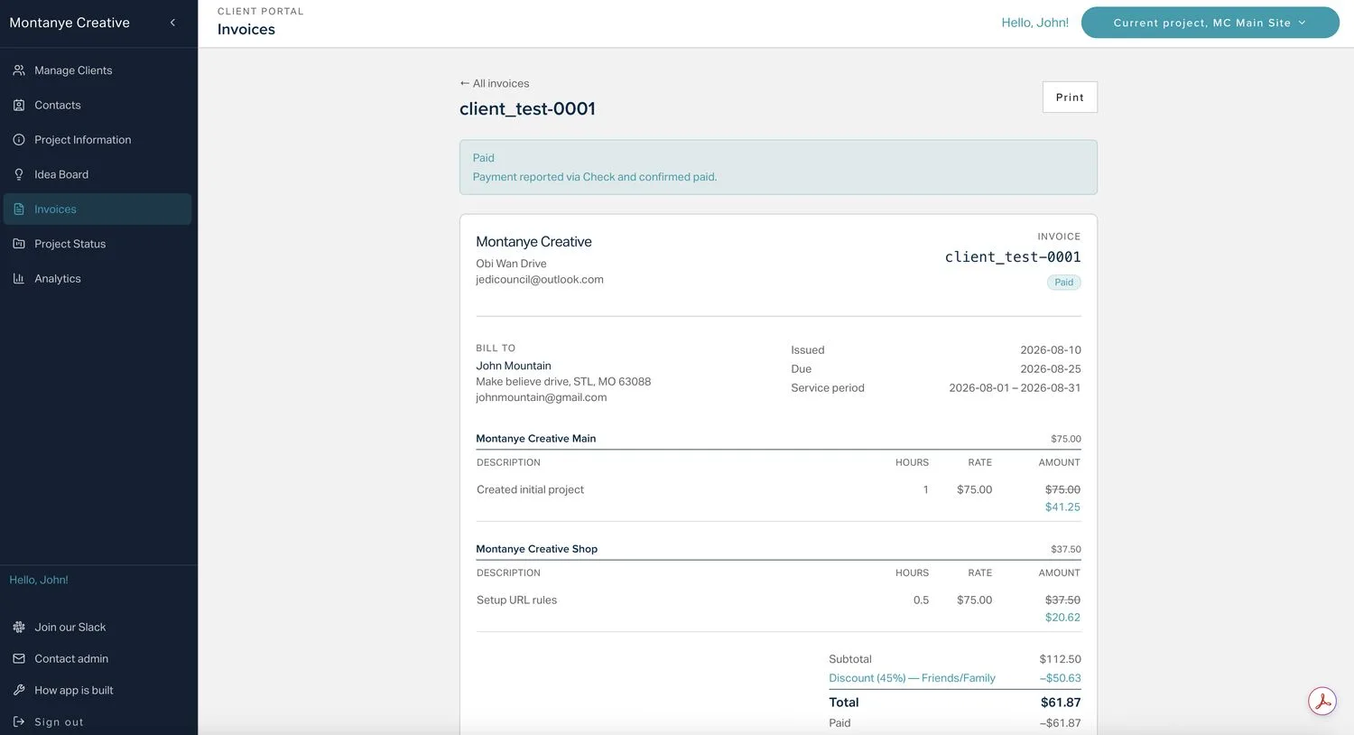 An issued invoice marked paid, with a bill-to block, issue and due dates, two groups of line items showing hours and rates, and a totals column where a percentage discount reduces the subtotal.