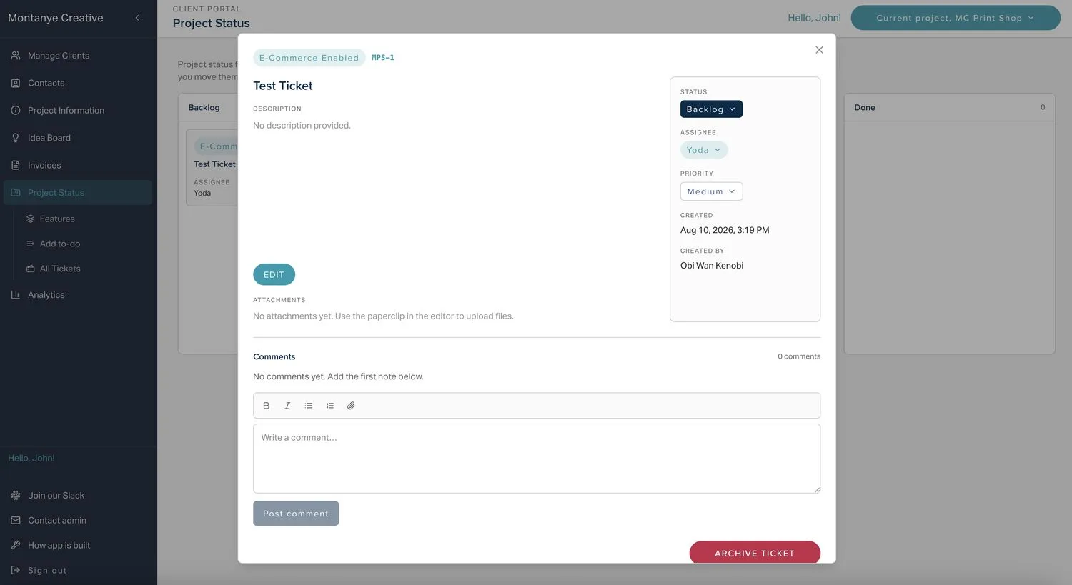 An open ticket dialog layered over the board. A side panel holds status, assignee, priority, and created-by fields, and below the description sit an attachments area and a comment box with a rich-text toolbar.