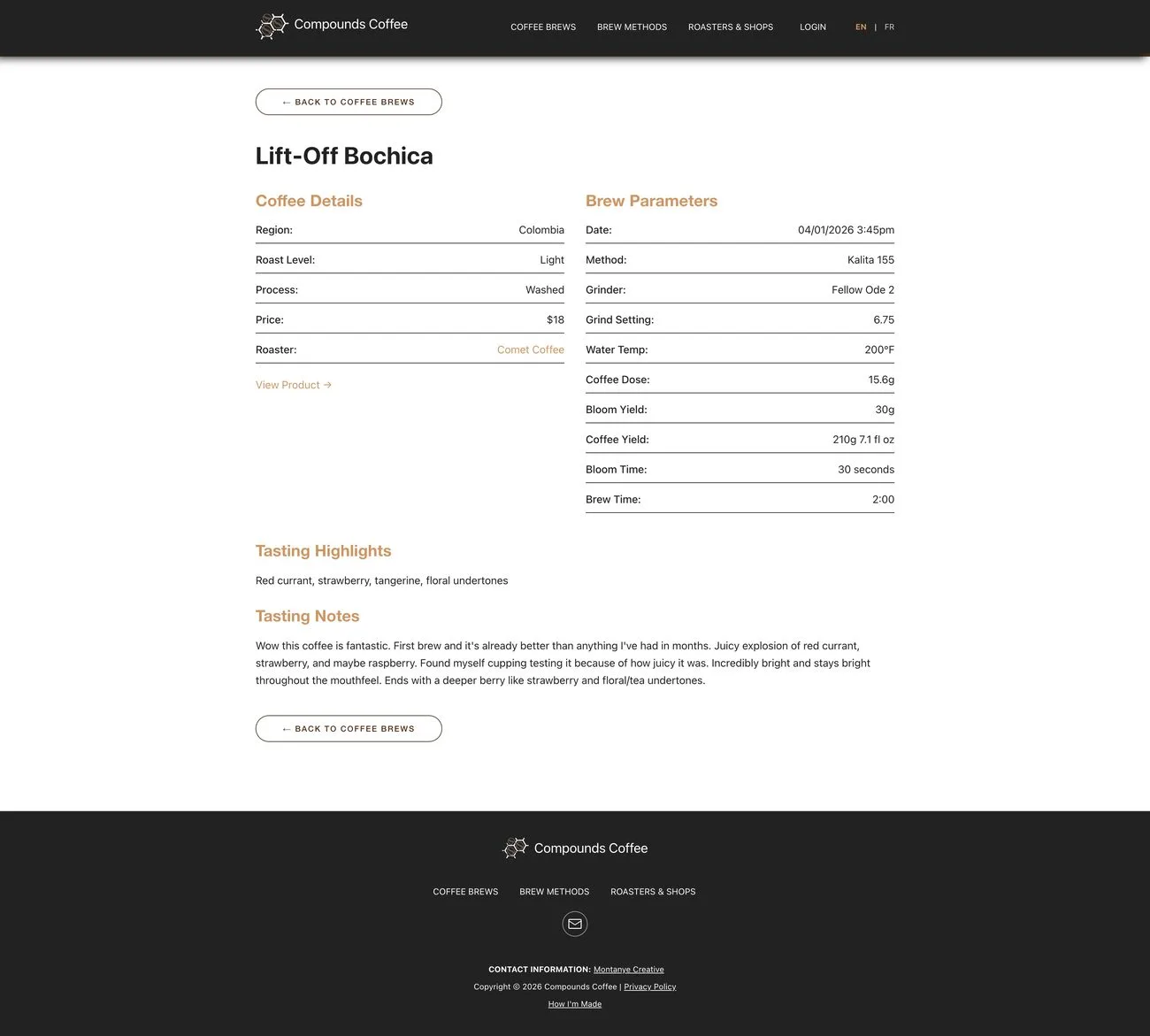 A brew detail page for Lift-Off Bochica with coffee details, full brew parameters, and tasting notes