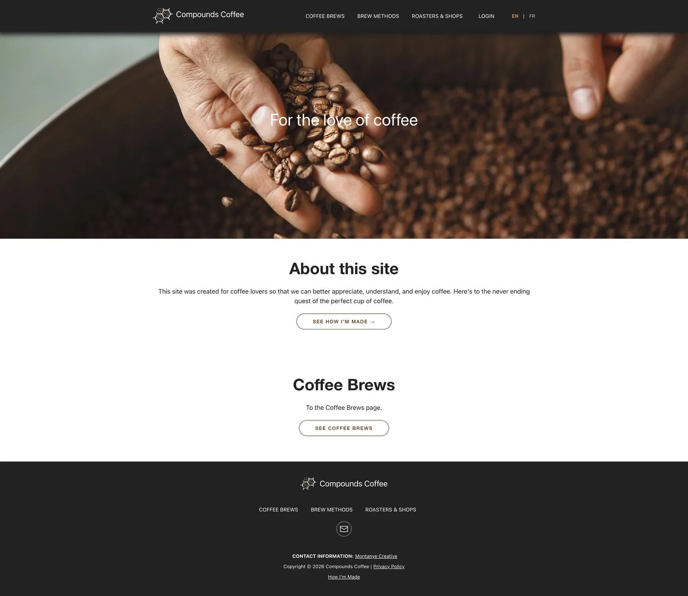 Compounds Coffee homepage with a roasting hero image and 'For the love of coffee' headline