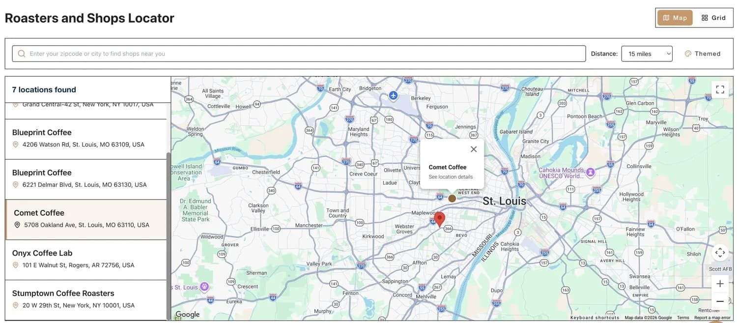 Roasters and Shops locator showing a results list and an interactive map centered on St. Louis